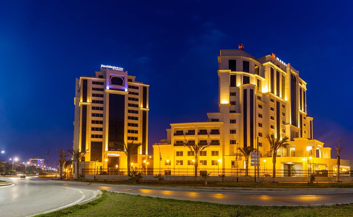 Modern hotel at night